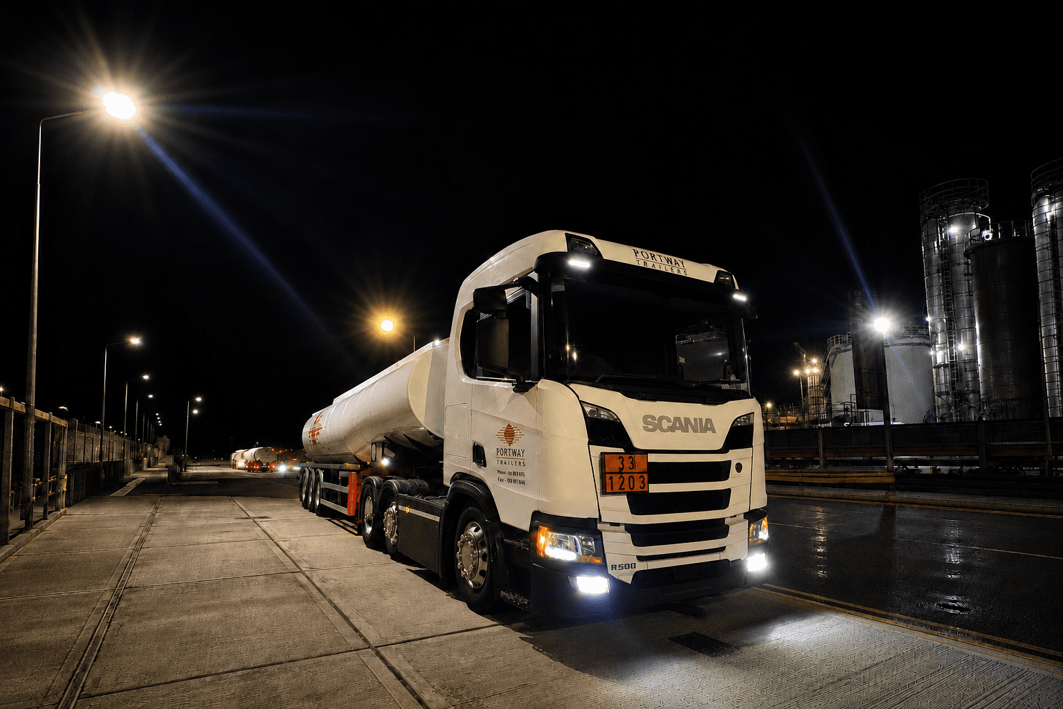Portway fuel distribution truck operating at night
