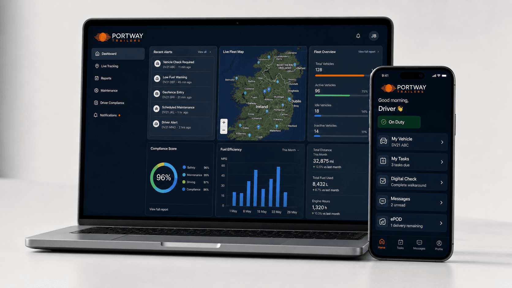 Portway fleet technology platform displayed on laptop and mobile
